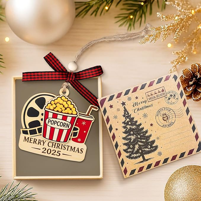 Popcorn Ornament - Popcorn Ornaments Christmas Tree - Movie Christmas Ornaments - Film Ornament - Popcorns Gift for Lovers, Movie Lover Gifts for Girls, Men, Family - 2 Layers Wood Xmas 2025