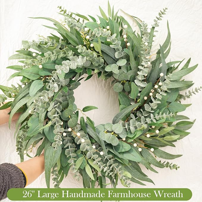22 Inch Eucalyptus Wreaths for Front Door Year Round, Large Green Artificial Farmhouse Wreath for Home Decorations Outdoo Indoor Wall Window Porch