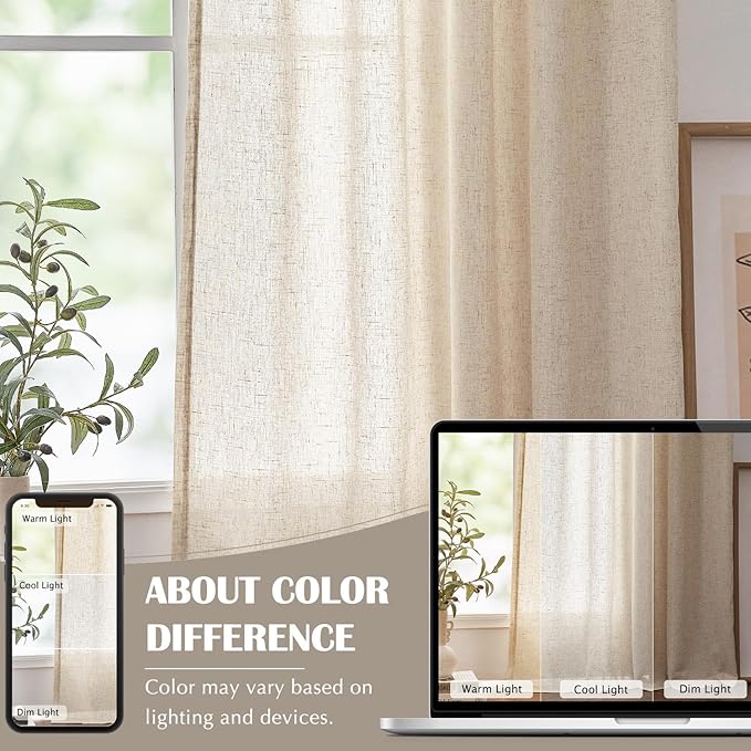 jinchan Short Linen Curtains 63 Inch Length 2 Panels Set Window Curtains for Living Room Bedroom Light Filtering Farmhouse Drapes Aesthetic Decor Kitchen Drapes, Back Tab, Linen Natural, 50W x 63L