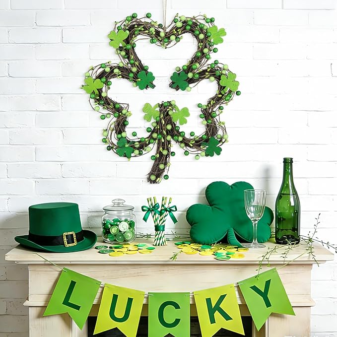 St Patricks Day Wreaths for Front Door, Artificial Shamrock Wreath Wood Lucky Clover Door Decorations with Green Berries for Spring Wall Mantel Window Home Party Decor