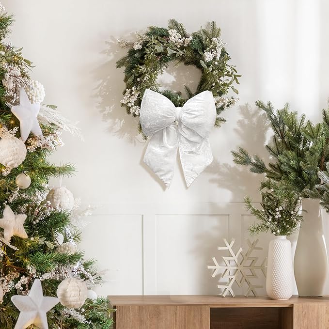 KI Store White Large Plush Velvet Bows Set of 2 12-Inch Christmas Bow Tree Topper for Christmas Tree Decoration Door Window Decor
