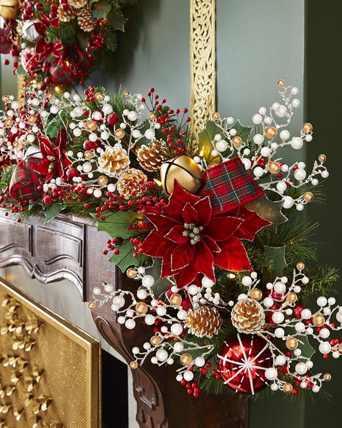 Hollyone 4 Pack Artificial Christmas Glitter Berries Stems, 19 Inch Fake White and Gold Holly Berry Picks with Ice Snow for Christmas Tree Wreath Floral Arrangements Holiday Home Vase DIY Crafts Decor
