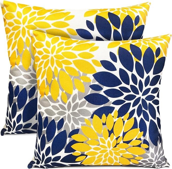 Decorative Throw Pillow Covers Set of 2 Blue Yellow Pillow Covers 18x18 Inch Couch Pillow Covers for Sofa Living Room Outdoor Throw Pillow Cover Linen Floral Flower Farmhouse Pillowcase