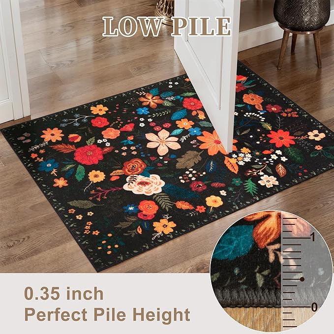 Tangsoo Runner Rug for Hallways Kitchen Rug, Non Slip 2x6 Washable Boho Floral Rug Runner for Entryway, Low Pile Carpet Door Mat Indoor Entrance for Kids Room Bedroom Laundry Office Bathroom(Black)