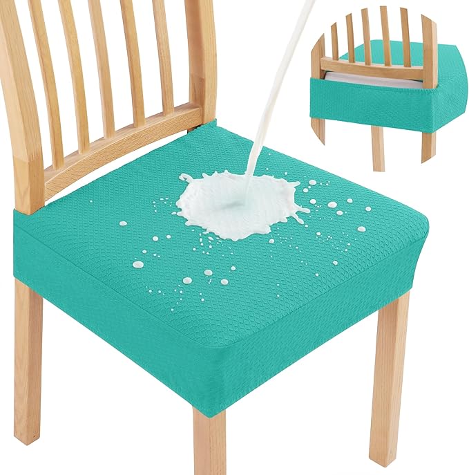 Smiry Waterproof Seat Covers for Dining Room Chairs Set of 2, Stretch Jacquard Removable Washable Chair Seat Slipcovers Protector, No Rear Covers, Teal