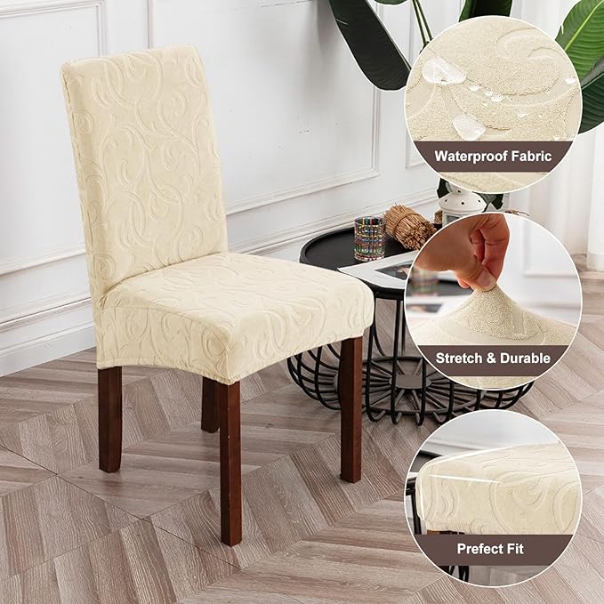 Genina Waterproof Dining Room Chair Covers Stretch Parsons Chair Slipcovers for Dining Room Kitchen Chair Protector Cover, Removable, Washable (4 Large, Flower Pattern-Beige)