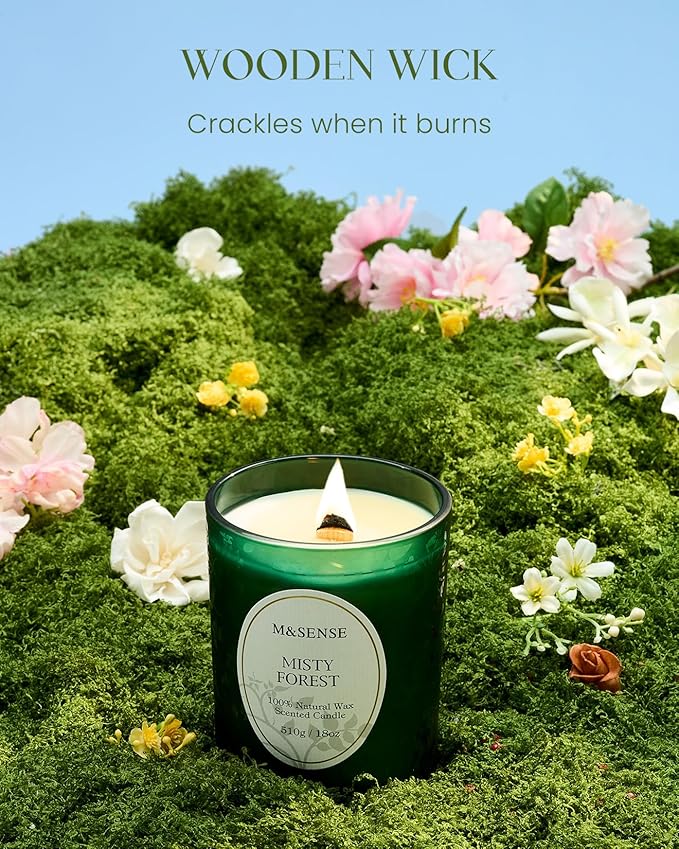 M&SENSE Misty Pine Forest Scented Candle, Wooden Wick Candle, 100 Hours Slow Burning No Toxin Natural Soy Wax 18oz, Relax Aromatherapy Fall Winter Home Fragrance, Housewarming Gifts for Men Women