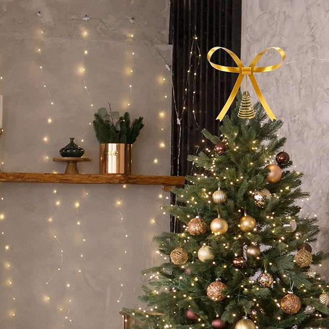 Metal Christmas Bow Tree Topper, Christmas Gold Bow Ornament Decorations for Xmas Tree Topper Garland Wreath Indoor Outdoor Decor, 9.5 x 8.7''