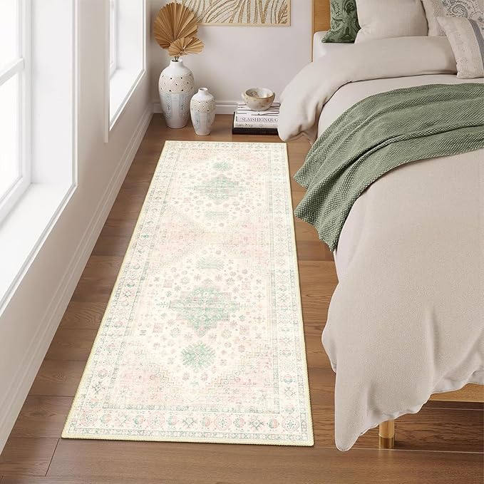 MUJOO Washable Runner Rug,2x6 Runners for Kitchen Bathroom Hallway Bedroom Entryway Laundry,Non Slip Long Mat Indoor,Boho Throw Carpet Low Pile Light Pink and Green