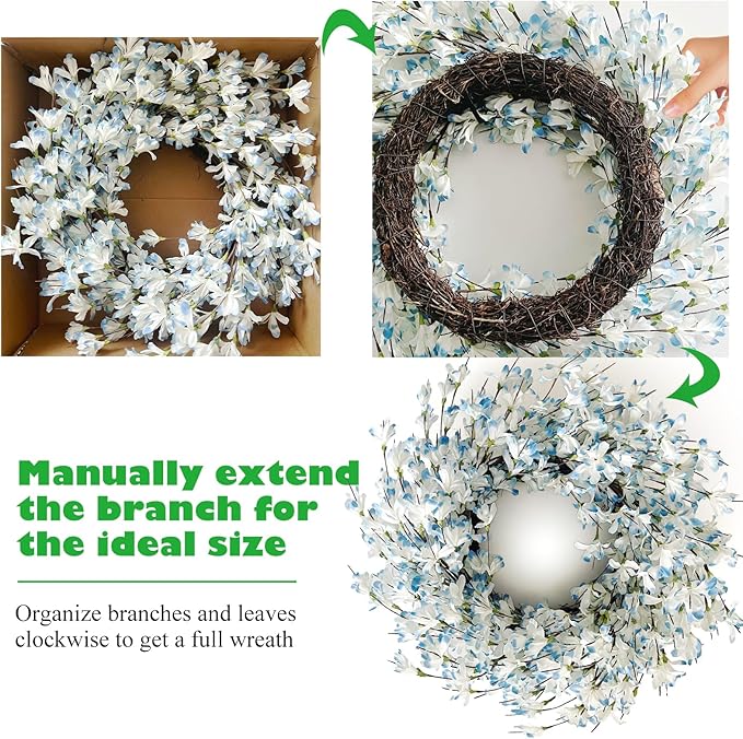 Blue Forsythia Spring Wreath for Front Door, 24 Inch Spring Wreath Blue Cream Cluster on Farmhouse Grapevine Blossom Cluster for Festival Celebration Front Door Wall Window Christmas Home Décor