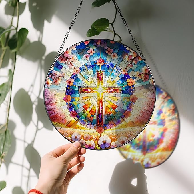 8 Inches Cross Stained Glass Suncatcher, Stained Glass Window Hanging, Spiritual Sun Catcher, Cross Ornament Gift, Christian Home Decor, Christian Gifts, Religious Gifts, Gift for Christmas