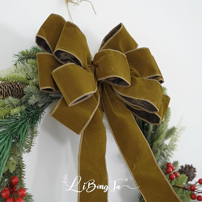 13" Khaki Pre-Tied Velvet Bow for Christmas Tree, Rustic Bow for Wreaths, Wedding, Premade Bows with Twist Tie, Tree Toppers Bows for Party Favor, Christmas Home Indoor Outdoor Decor-1 PCs