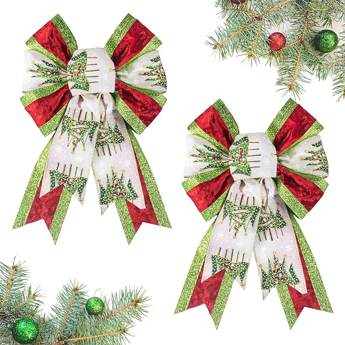 2 PCS Christmas Bow for Wreath, Christmas Wreath Bows for Front Door Wall Fence Decor Glitter Red Green Stripes Xmas Tree Bow for Holiday Party Home New Year Decoration