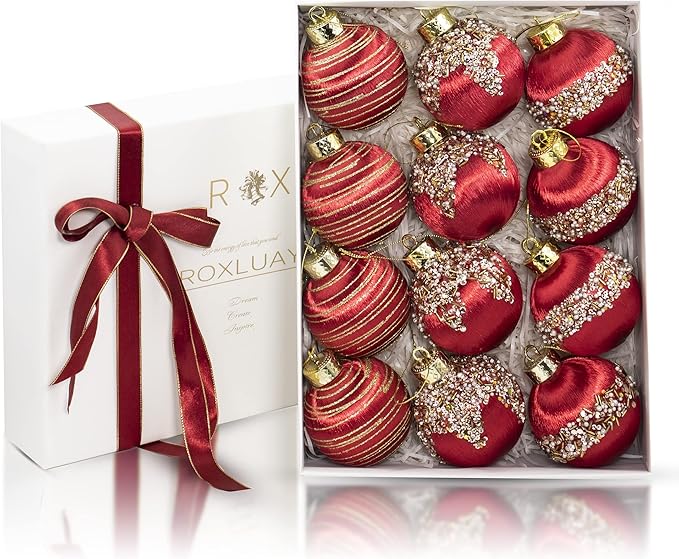 12Pcs 4” Silk Christmas Ball Decorations, Satin Christmas Tree Ornaments, Luxury Vintage Hanging Christmas Home Decor for Xmas Holiday Wedding Party Decoration (RED)