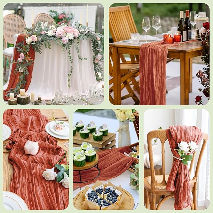 Fall Table Runner Cheesecloth 10FT Terracotta Boho Burnt Orange Gauze Cheese Cloth Rustic Sheer Table Runners for Wedding Bridal Baby Shower Party Decoration