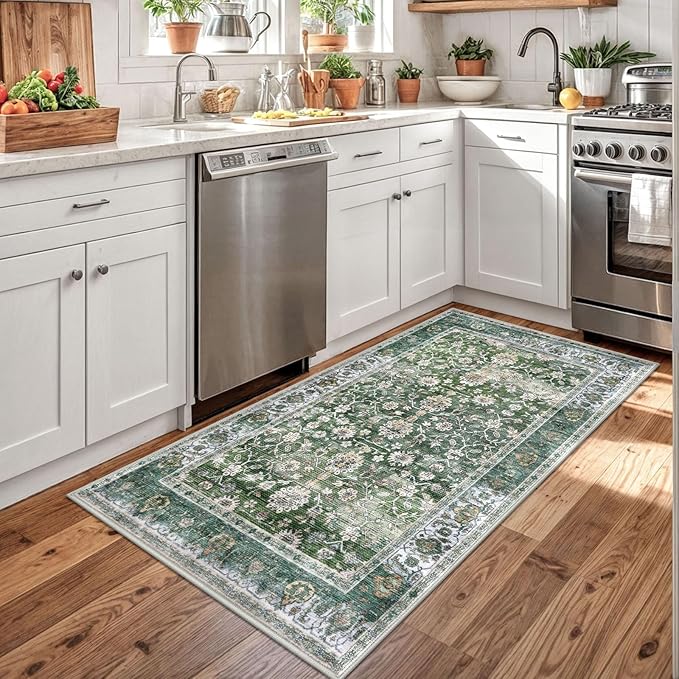 KUTA 3x5 Rugs for Entryway, Vintage Floral Area Rug Washable Non-Slip Green Ultra Thin Soft Printed Distressed Entry Low-Pile Throw Carpet for Bedroom Nursery Living Room