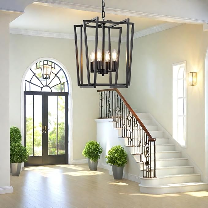 WJShome 4-Light Black Chandelier: A Must-Have Farmhouse Dining Room Light Fixture! Enjoy Modern Ceiling Lantern Pendant Style with Adjustable Height for Kitchen Island & Entryway