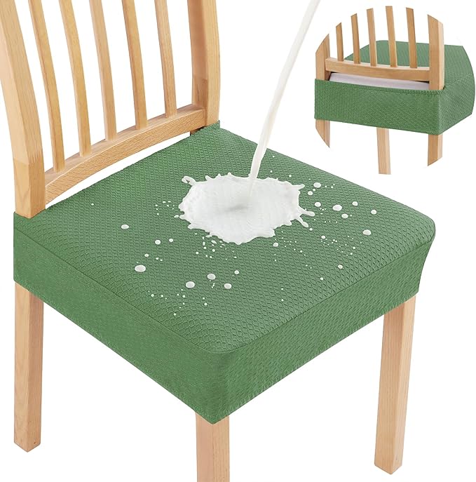Smiry Waterproof Seat Covers for Dining Room Chairs Set of 6, Stretch Jacquard Removable Washable Chair Seat Slipcovers Protector, No Rear Covers, Green