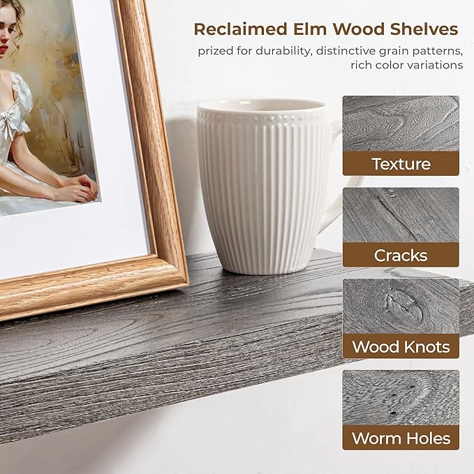 Axeman Floating Shelves for Wall, Rustic Elm Wood 56'' W x 8" D Wall Shelf with Invisible Bracket, Large Long Wall Mounted Storage Shelves for Living Room, Bedroom, Kitchen, Bathroom Decor, Grey