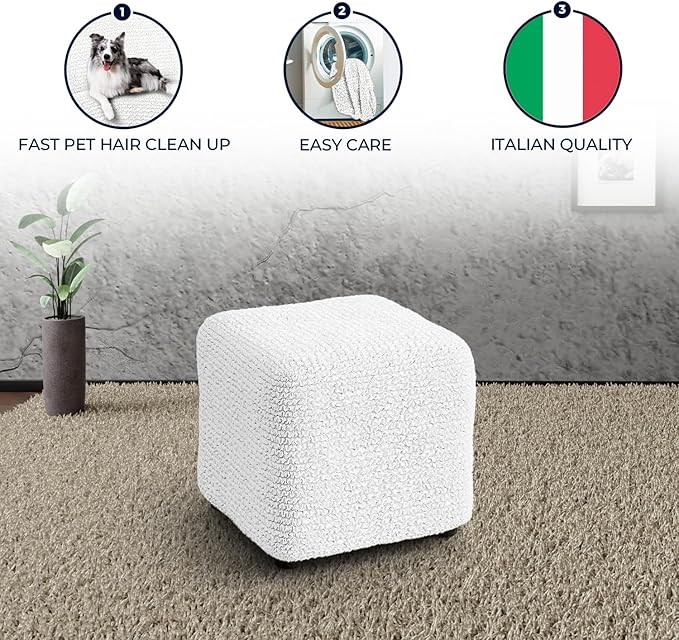 PAULATO BY GA.I.CO. Small Ottoman Cover Stool Cover Pouf Slipcover - Soft Polyester Fabric Slipcover - 1-Piece Form Fit Stretch Furniture Protector - Microfibra Collection - Crisp White (Ottoman)