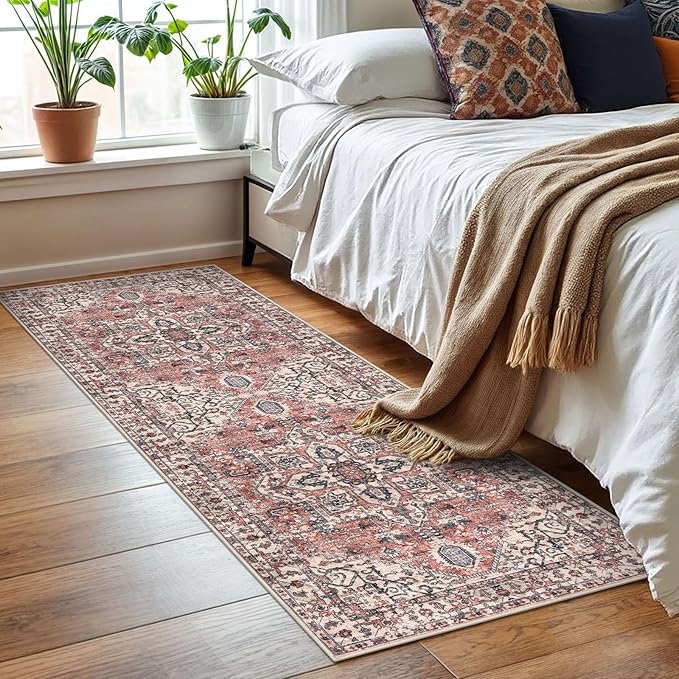 KOZYFLY Runners for Hallways 2x6 Ft Washable Kitchen Runner Rug Boho Runner Rug for Entryway Indoor Printed Oriental Faux Wool Floor Carpet Runner for Bedroom Kitchen Hall, Terracotta/Beige