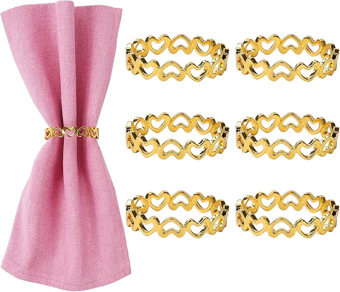 Heart Napkin Rings Set of 6, Gold Valentine's Day Napkin Rings, Love Metal Napkin Rings Holders for Valentine's Day, Mother's Day, Wedding, Anniversary Dinners, Parties Table Decoration