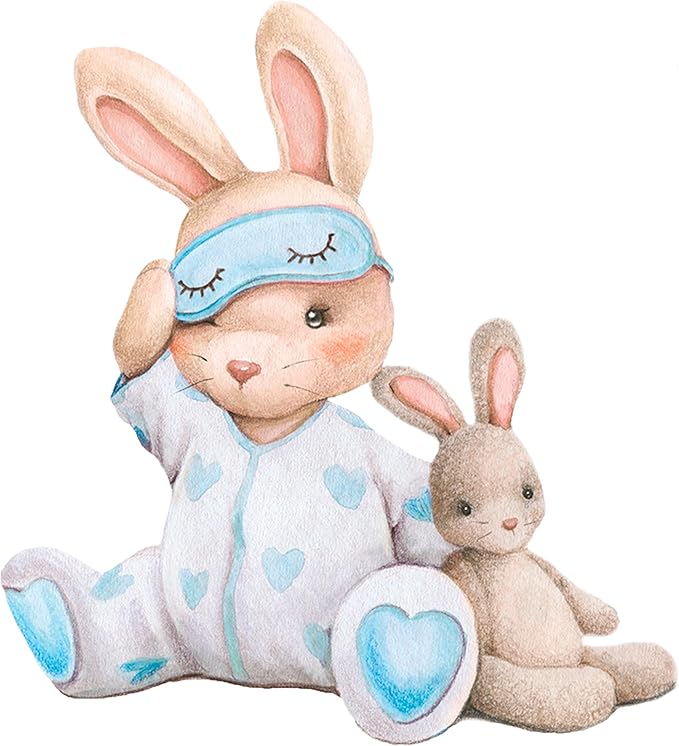 Blue Bunny Wall Decals, Baby Boy Room Rabbit Wall Decor, Animal Stickers for Kids Playroom, Toddler Bedroom and Nursery Decoration, Removable Vinyl Decals, Peel and Stick, Moon, Stars.