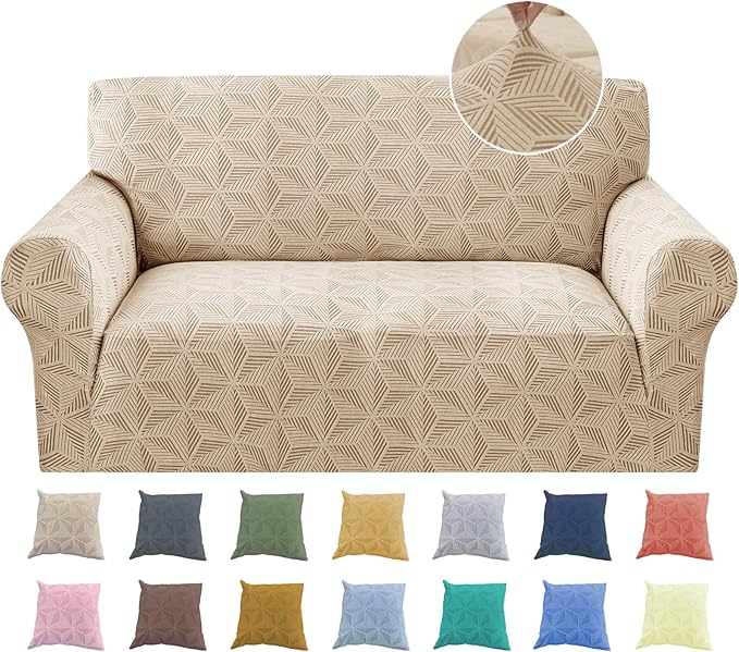 YEMYHOM 1 Piece Stretch Couch Covers for 2 Cushion Couch, Jacquard Loveseat Cover with Non-Slip Elastic Bottom, Thickened Slipcover Furniture Protector for Dogs Pets (Medium, Khaki）