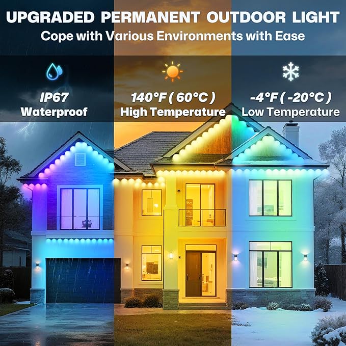Permanent Outdoor Lights, Outdoor Christmas Lights, DIY RGB+IC Smart Eave Light with App Control, Support Alexa and Google Assistant, IP67 Waterproof, Outdoors Light for Christmas Decorations, 100FT