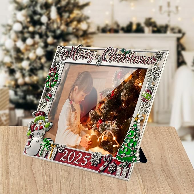 2025 Christmas Decorations Picture Frame 4x6 Snowflake Christmas Metal Photo Display Photo Frames with High Definition Glass Front Gift Ideas Tabletop Home Decorative (Snowman 2025)