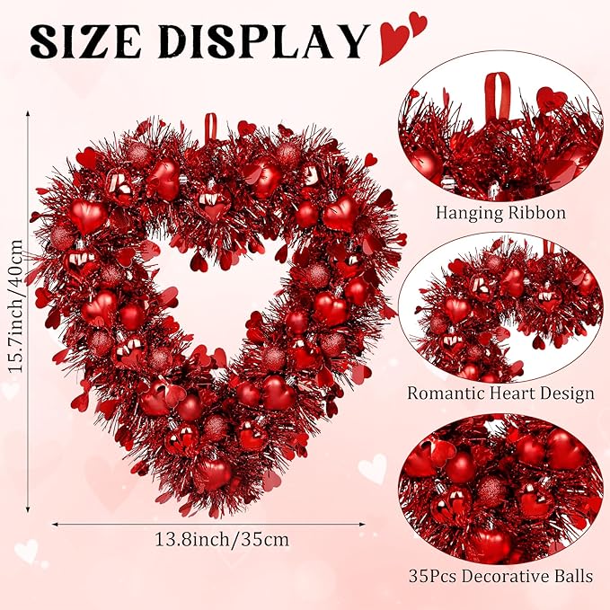 Valentines Wreath, 15.7" Red Heart Shaped Wreaths for Front Door with Tinsel Valentines Gifts Wall Decorations for Home Wedding Party Anniversary