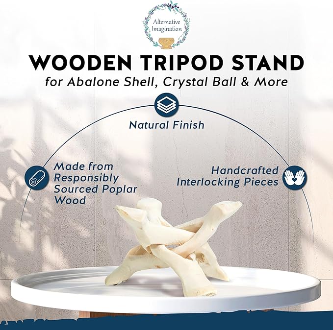 Alternative Imagination Wooden Tripod Display Stand - 4-Inch Hand Carved Holder Made from Mango Wood -Folding Natural Stand for Abalone Shell, Crystal Ball, Key Bowl,Trinket Dish, Incense,Decor & More