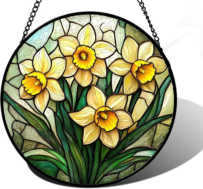 Stained Glass Window Hanging, Daffodil Plant Flowers Sun Catchers Diamond Glass Panel Hangings Suncatcher Decor for Birthday for Women, Men, Wife, Aunt, and Mom 7.8 in