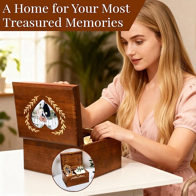 Wedding Keepsake Box With Lock, Large Memory Box for Keepsakes | Decorative Large Wooden Storage Box, with Heart frame Photo Keepsake Box, Baby Memory box | Wooden Gift Boxes-11×8.5×5in