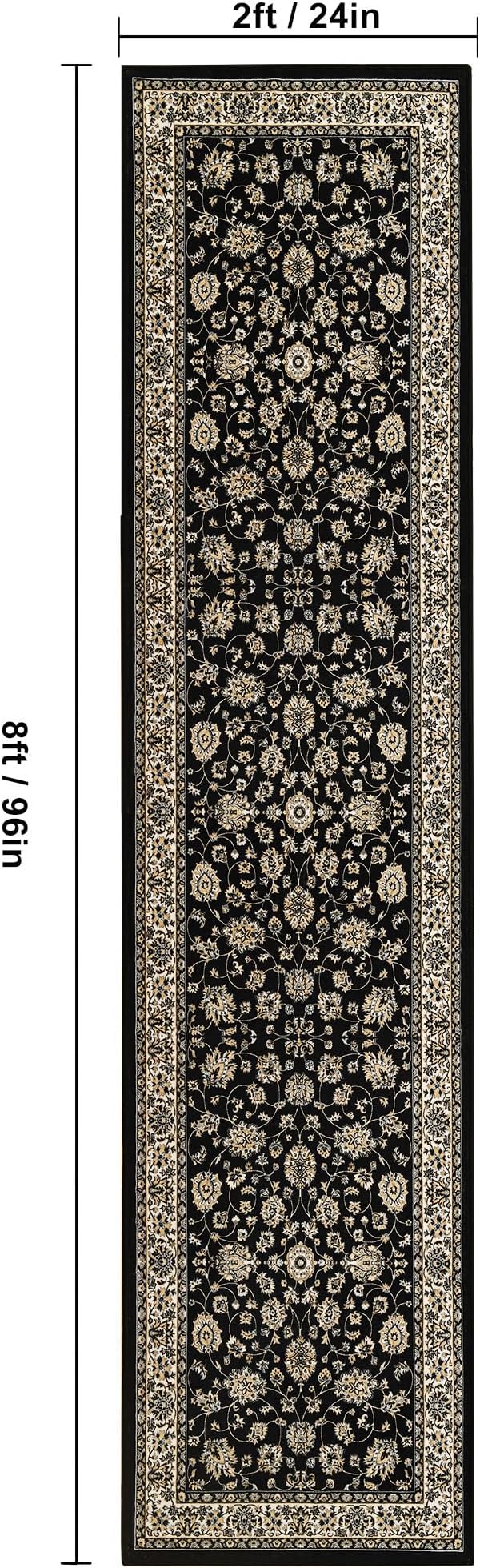 XWZO Washable Hallway Runner Rug 2x8ft — Non-Slip Low Pile Area Rug with Rubber Backing, Spill Resistant Soft Flower Floor Carpet Runner for Kitchen Entryway Doorway Bedroom Corridor, Black
