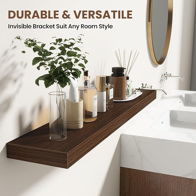 55 Inch Floating Shelves for Wall 2 Pack, 55" Wall Shelves for Books, Storage, Decor, Wall Mounted Floating Shelf with Invisible Brackets for Kitchen, Living Room, Walnut