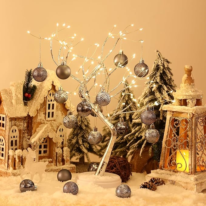 34ct Grey Mini Christmas Ball Ornaments Shatterproof Plastic Christmas Tree Decorations for Xmas Party Home Office Holiday Decor -Small Size (1.57"/ 40mm)