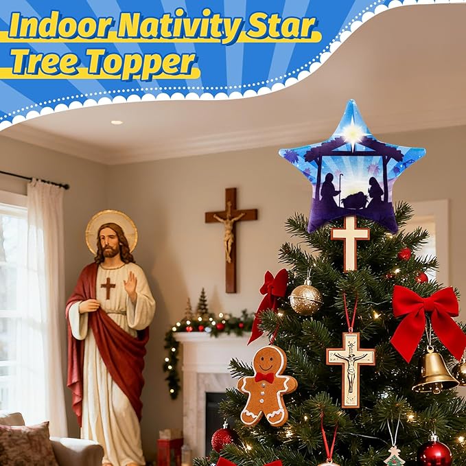 Eyourlife Nativity Scene Christmas Tree Topper, 8in Winter Velvet Pentagram Tree Topper Xmas Tree Star Shaped Decor for Family Churches Sunday School Christmas Tree Holiday Party Supplies Gifts
