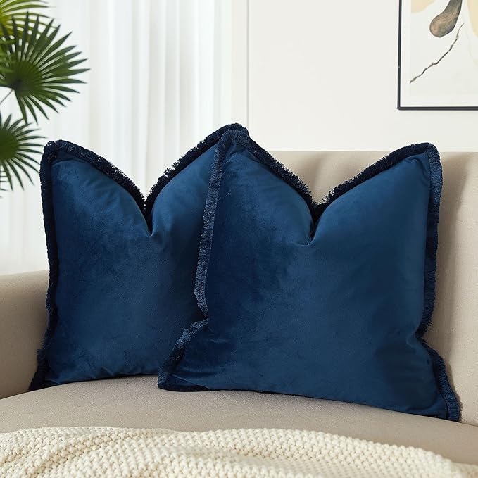 JUSPURBET Pack of 2 Navy Decorative Fringe Velvet Throw Pillow Covers 22x22 for Home Decor Living Room Bedroom Car Boho Soft Cushion Cover with Hidden Zipper Machine Washable