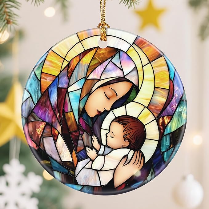 Religious Christmas Tree Decorations - Christmas Ornaments, Keepsake Ornaments, Holiday Decor & Christian/Religious Gifts, Holiday or Xmas Gifts - Baby Jesus and The Blessed Virgin Mary