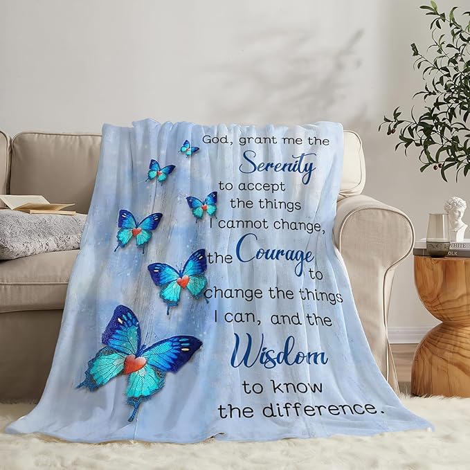 Tijuboni Christian Serenity Prayer Throw Blanket Blue Butterfly Gifts for Women Men Girls Boys Kids Adults Soft Flannel Fleece Blanket for Couch Sofa Bed Home Decor 40"x50"