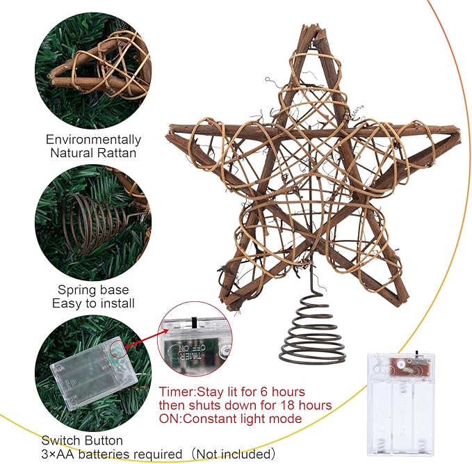 LAWOHO Christmas Tree Topper Star, 10-inch Rustic Brown Rattan Natural with 10 Warm White Lights Three Functions with Timer, Seasonal Decoration for Festive Christmas Home Indoor Ornament