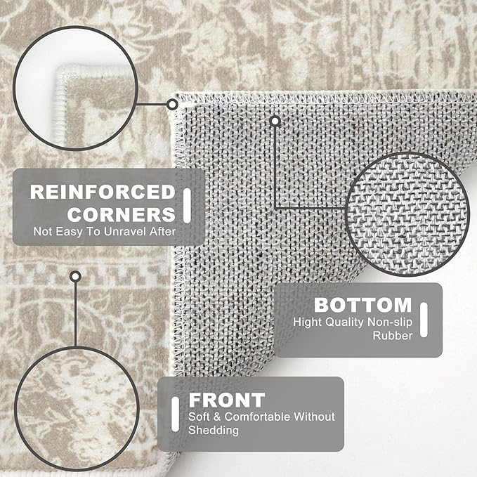 KILOCOCO Hallway Runner 3x8 Rug Runner Printed Vintage Floral Washable Kitchen Runners Non-Slip Rubber Backed Runners for Hallways Laundry Room Distressed Boho Rugs for Entryway Bedroom, Beige