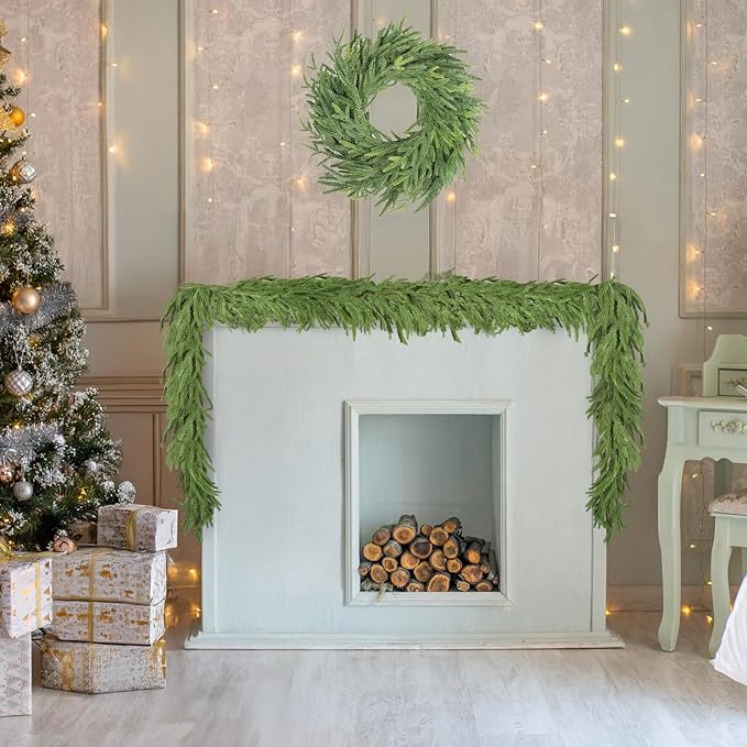 6 FT Christmas Artificial Norfolk Pine Garland with 18" Wreath, Real Touch Xmas Faux Greenery for Holiday Table Mantle Wall Fireplace Windows Home Front Door Indoor Decor