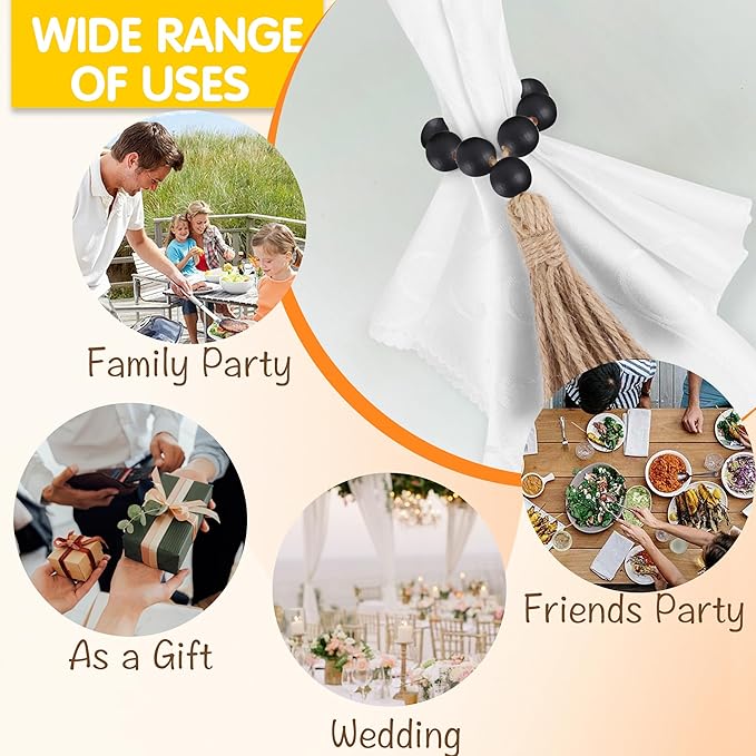Meplait 6 Pieces Wooden Bead Napkin Rings, Farmhouse Stretchable Napkin Rings with Tassel Boho Napkin Ring for Dining Table,Wedding Decoration (Nature)