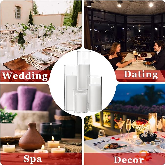 Shihanee Set of 4 White Pillar Candles and Glass Cylinder Vases 4 Sizes Clear Cylinder Candle Holders for Pillar Candles Home Table Centerpieces Decoration (2.6'' X 3.9'',5.9'',7.9'',9.8'')