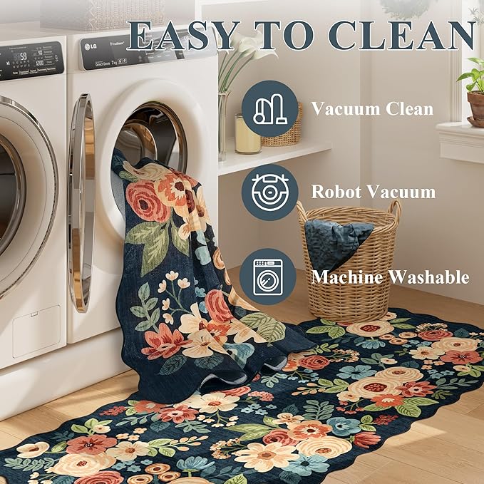 DUKINO 2x5 Washable Runner Rugs, Non Slip Floral Print Entryway Rug with Soft Low Pile, Lightweight Mat for Living Room, Bathroom, Bedroom, Kitchen, Navy Blue