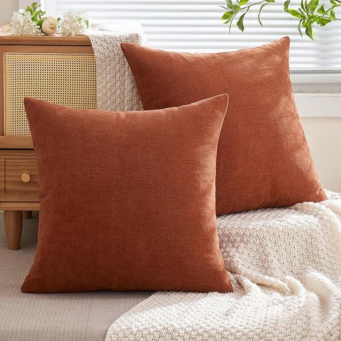 MIULEE Rust Couch Pillow Covers 22x22 Inch, Set of 2 Soft Chenille Decorative Square Throw Pillow Covers Farmhouse for Sofa Living Room Bed