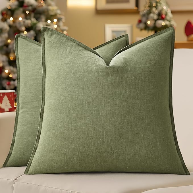 decorUhome Christmas Decorative Linen Throw Pillow Covers 18x18 Inch Set of 2 Olive Green Soft Pillow Covers with Flange Edges Soft Farmhouse Boho Accent Pillow Cases for Couch Sofa Bed Living Room