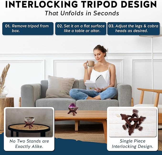 Alternative Imagination Wooden Tripod Display Stand – 4-Inch Hand Carved Holder Made from Sustainable Mango Wood – Folding Reddish-Brown Stand for Abalone Shell, Crystal Ball, Key Bowl, Trinket Dish, Incense, Decor and More